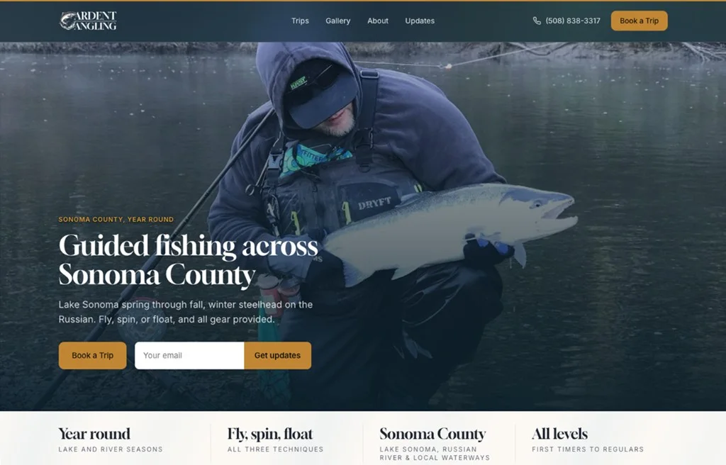 A guided fishing website with a way to book or leave an email.